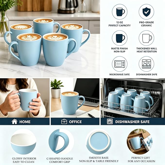 Coffee Mugs Set of 6, 12oz Ceramic Coffee Mugs with Handle, Matte Porcelain Coffee Mug for Latte, Tea, Cocoa, Cappuccino, Cups for Women Men for Home Restaurant Mug (Blue) - Image 3