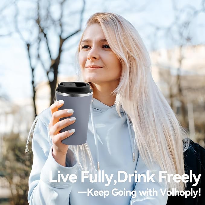 Volhoply 12 oz Double Wall Insulated Vacuum Travel Coffee Mug with Flip Lid Bulk 4 Pack,Reusable Stainless Steel Leak Proof Coffee Cups,Portable Cafe Thermal Tumbler for Hot & Cold Drinks(Gray,4 Set) - Image 7