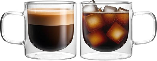 NIRA.Z 12 OZ Double Walled Glass Coffee Mugs Set of 2 Clear Coffee Cups with Handle 355ml Hand-Blown Insulated Glass Tea Cups for Hot & Cold Beverages, Cappuccino, Latte, Tea Bags, Espresso, Americano