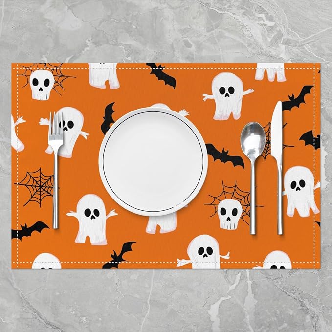 Feelyou Happy Halloween Placemats Set of 4 Cute Ghost Table Mats for Party Kitchen Dining Decoration White and Orange Place Mat for Table Holiday Decor Indoor Outdoor 18"x12" Washable Bats Cobweb - Image 2