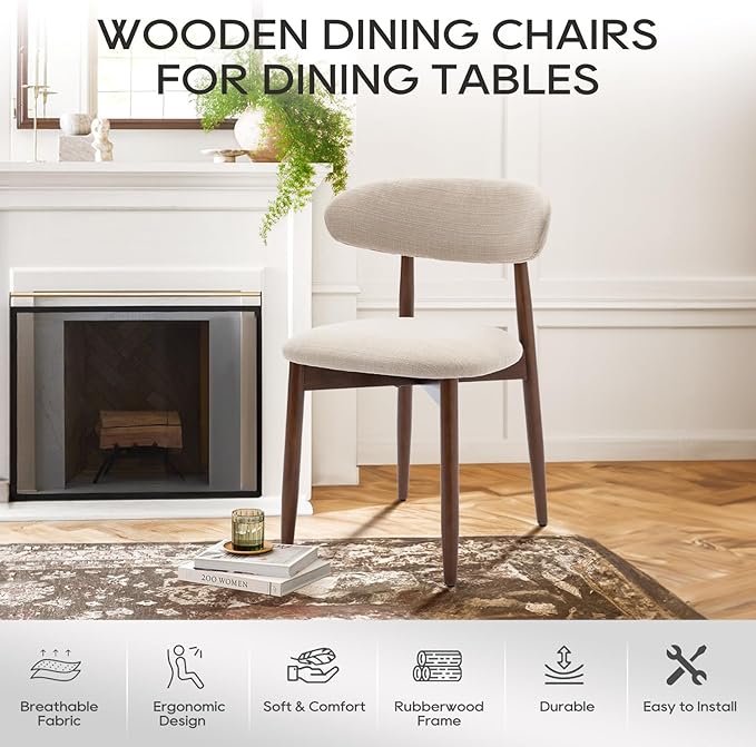 COLAMY Wooden Dining Chairs Set of 2, Modern Fabric Upholstered Kitchen Side Chairs, Farmhouse Dining Room Chair with Foot Pegs, Beige - Image 7