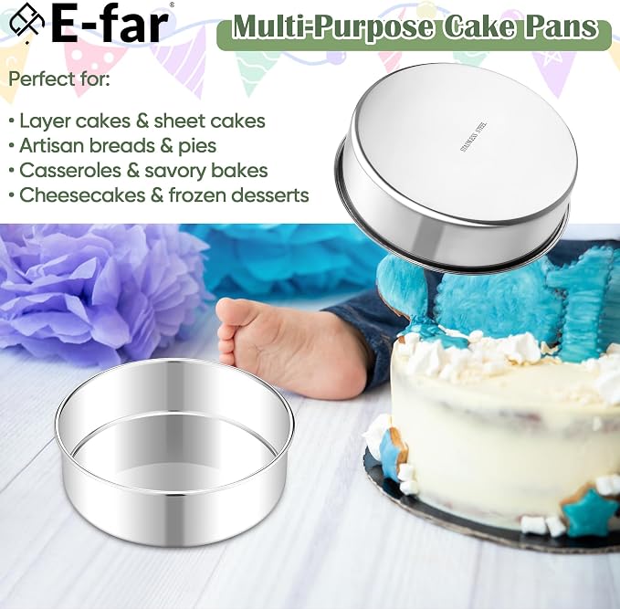 E-far 7 Inch Cake Pan Set of 2, Stainless Steel Round Baking Pans Tins Mold - Non-Toxic & Leak-Proof for Birthday Wedding Layer Tiered Cake, Easy Clean & Dishwasher Safe - Image 7