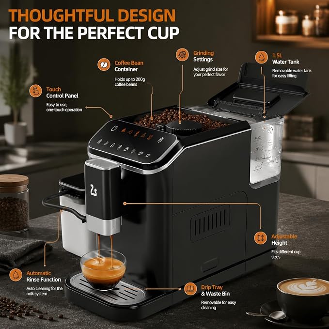Fully Automatic Espresso Machine with Grinder, 20 Bar Coffee Maker with Dual Boiler System, One Touch Latte Cappuccino Maker with Auto Milk Frother, 1.5L Water Tank for Home Office - Image 6
