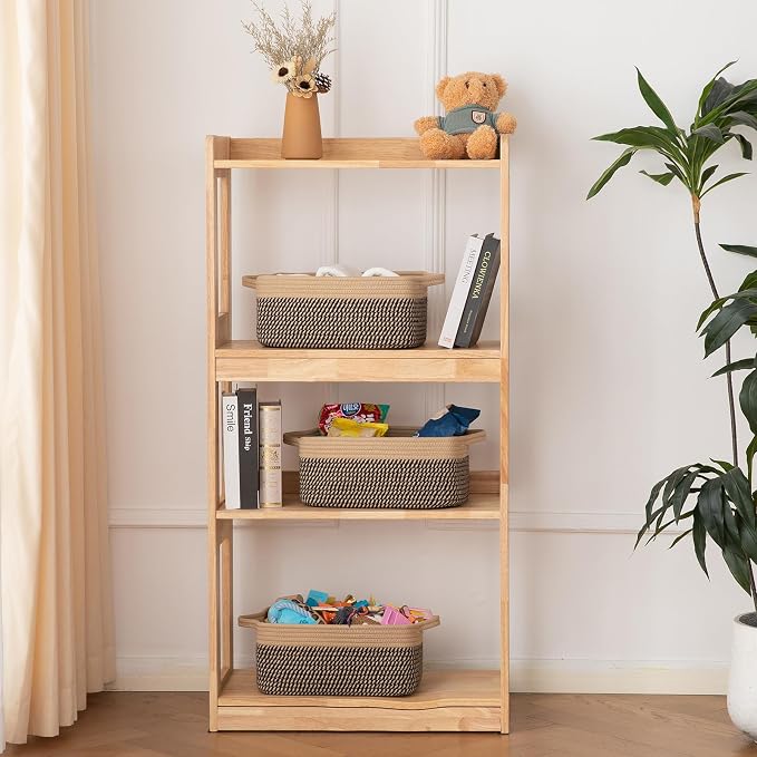 OIAHOMY 3 Pack Storage Baskets for Organizing, Woven Cotton Rope Basket for Shelves, Closet Organizer Bins with Handles, Rectangle Toy Organization, 13.78''×9.84''×5.5'', Brown & Black - Image 2