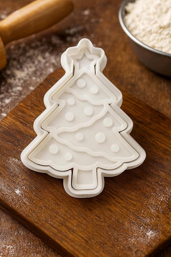 Christmas Tree Cookie Cutter and Stamp Set - 3.5" Holiday Baking Tool for Cookies, Fondant, Clay - Detailed Design with Easy Grip Handle - Durable Plastic Cookie Cutter for Christmas Baking