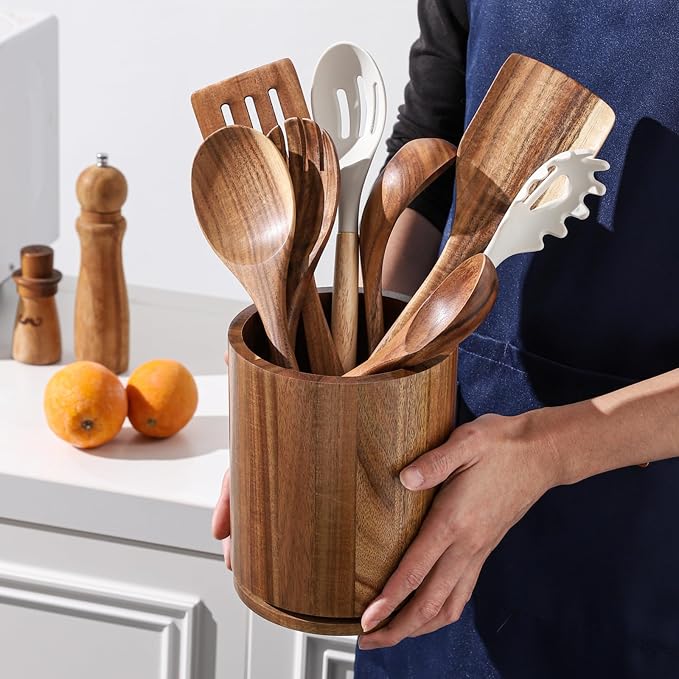 Acacia Wood Utensil Holder, 360° Rotating 7.3 in Kitchen Organizer | Rustic farmhouse countertop decor. Rotating base for easy access to spatulas, spoons, and cooking utensils. 7.3-inch capacity - Image 7