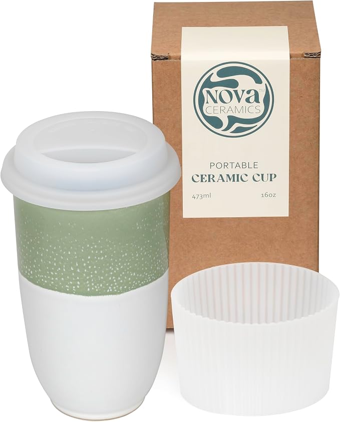 NOVA CERAMICS Travel Mug - Tea Tumbler– Microwave & Dishwasher Safe Coffee Mug Green & White Tumbler - Gifts For Women Men Him Her – 16oz – Sage Green by NovaCeramics
