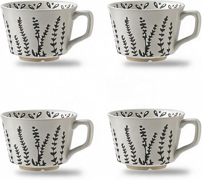 4 Pack 12oz Speckled Stoneware Coffee Mugs, Vintage Black Seaweed Botanical Ceramic Tea Cups, Rustic Hand Drawn Floral Drinking Mugs, Microwave Dishwasher Safe, Gift Set for Coffee Lovers by Tvvtuww