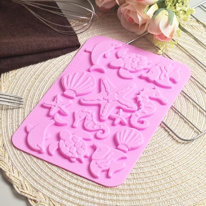 Newk Marine Themed Silicone Mold, Pack of 4, Seasell, Conch, Seahorse, Starfish, Tortoise Silicone Mold for Fondant, Hard Candy, Cake Decoration, Resin, Pendants