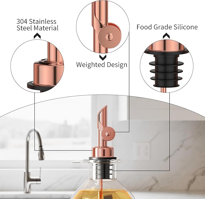 Auto Flip Liquor Pour Spouts 2-Pack, Leak-Proof 304 Stainless Steel Wine Pourer & Olive Oil Dispenser with Food-Grade Silicone for Kitchen, Bar, Restaurant (Goldrose)
