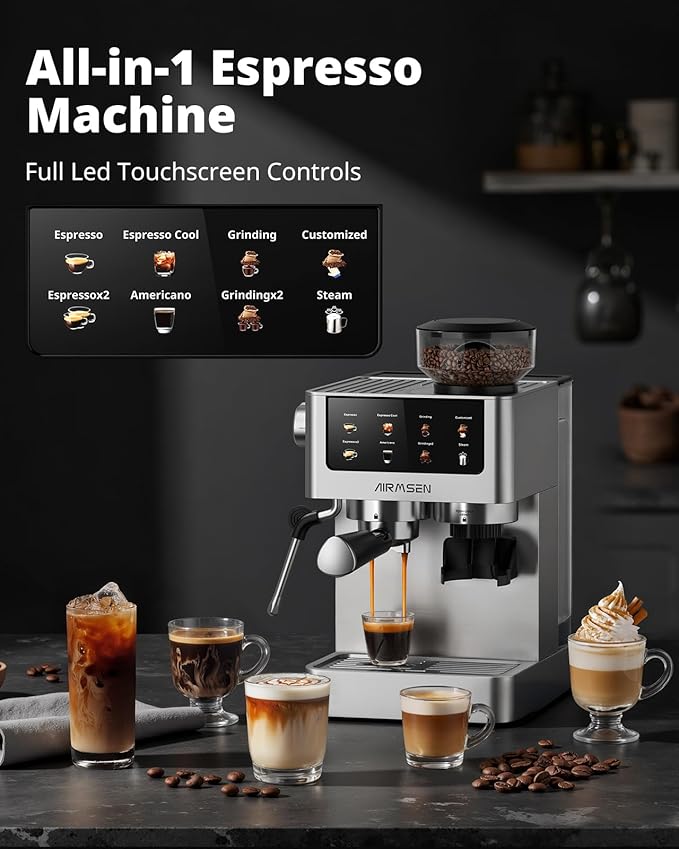 AIRMSEN Espresso Machines with Burr Grinder, 20 Bar, Milk Frother Steam Wand, Stainless Steel Coffee Maker for Home - Cappuccino Latte & ​​Cold Brew​​ Iced Coffee Maker & Americano - Image 2