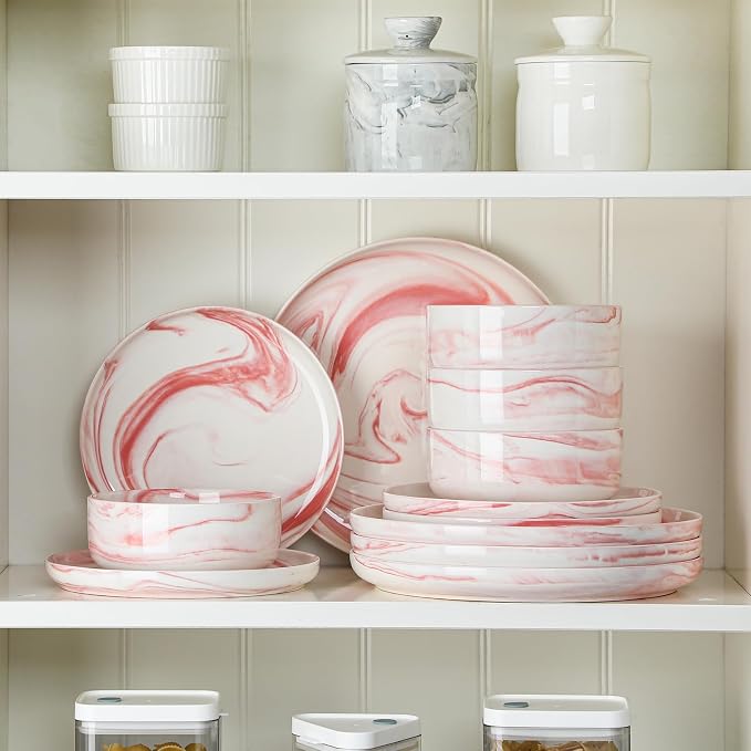 MALACASA 12 Pcs Porcelain Plates and Bowls Sets,Dinnerware Set for 4,Pink | Modern Ceramic Dishware Set,Kitchen Dining Ware,Microwave and Dishwasher Safe,Unique Marble Pink Design,Series LUNA - Image 6