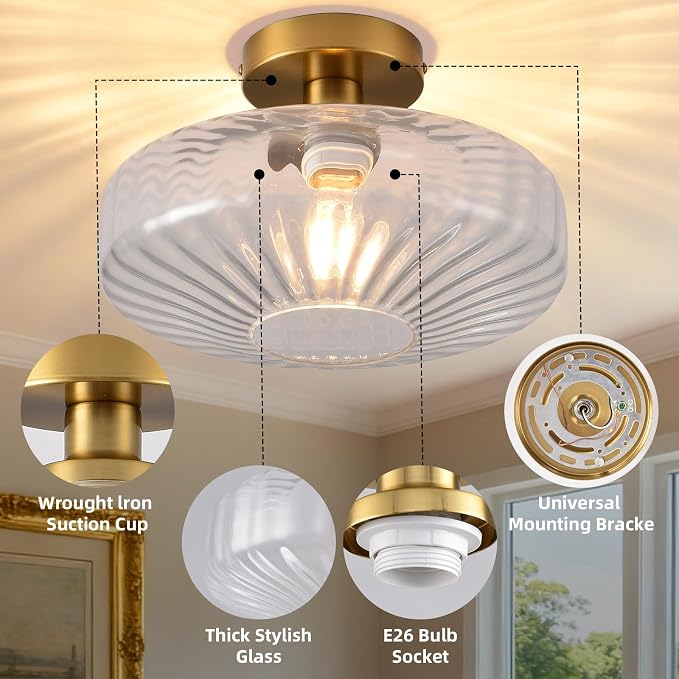 Semi Flush Mount Ceiling Light, 11.8 Inch Vintage Clear Crystal Glass Ceiling Light Fixture,Dining Room Lighting Fixtures for Kitchen, Hallway, Foyer, Bedroom, Bathroom, E26 Base (Bulb Not Included) - Image 4