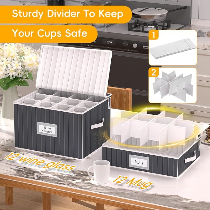 Fine China Storage Containers, 6 Piece Dish Storage Containers, Stackable Plate Storage, Coffee Mug Storage and Wine Glass Storage Box with Dividers, Quilted Dish Organizers, Grey - Image 4