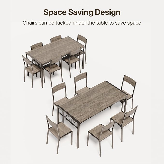 Gizoon 7-Piece Dining Table Set for 6, Kitchen Table with Chairs Grey | Spacious grey 6-person dining set with under-table storage rack. Ergonomic chairs slide under table to maximize space. - Image 5