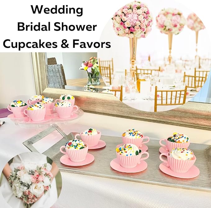 Evelots Baking Cupcake Molds - Silicone Teacup Set - 24 Pc Set - Oven-Safe - Nonstick - Muffin Cups for Bridal/Baby Shower, Birthday/Tea Party - 12 Cups & 12 Saucers - BPA Free