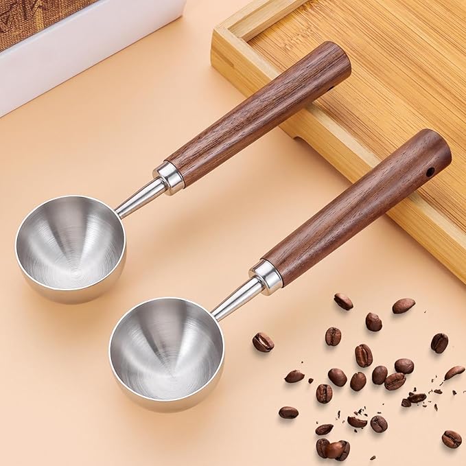 Vintage Coffee Scoop 10g/30ml Capacity 2pcs Retro 304 Stainless Steel Coffee Measuring Spoon Walnut Wooden Handle Coffee Scoop Kitchen Utensil for Measuring Scooping Tea Coffee Spices (Long Handle)
