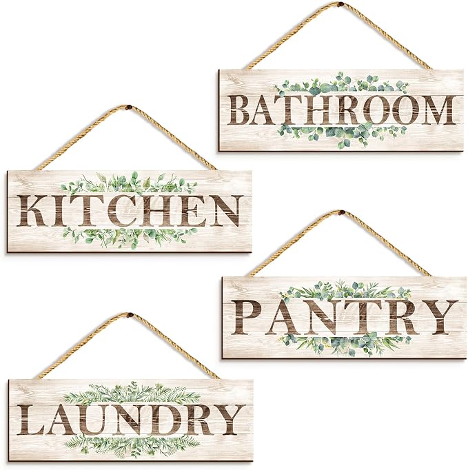 Wooden Sign Wall Decor 4 Piece, Rustic Wall Art, Farmhouse Wall Hanging Plaques for Bathroom Kitchen Laundry Pantry (4.7x13.7 inches) by CreoateHomeDecoration