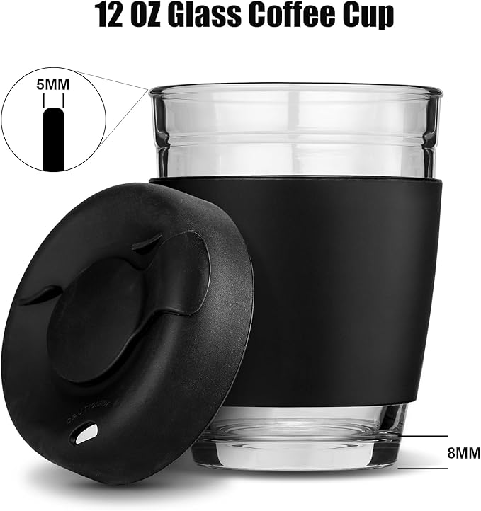 On The Go Coffee Mug Glass – 12oz Reusable Tumbler with Leak-Proof Lid & Silicone Sleeve, Ideal Travel Cup for Hot or Iced Coffee, BPA-Free