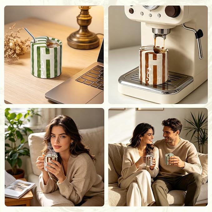 2-Pack 10 oz Ceramic Coffee Mug with Sip Hole & Silicone Sleeve | Cute Hand-Painted Striped Porcelain, Gift for Coffee Lover, Cold & Hot Drinks, Microwave & Dishwasher Safe, Green, Brown - Image 3