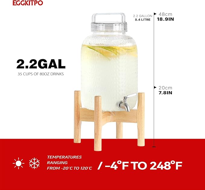 EGGKITPO 2.2 Gallon Drink Dispensers with 304 Stainless Steel Spigot for Parties Lemonade Dispenser with Wood Bracket Clear Cover Polycarbonate Beverage Dispenser for Home Use and Laundry Room