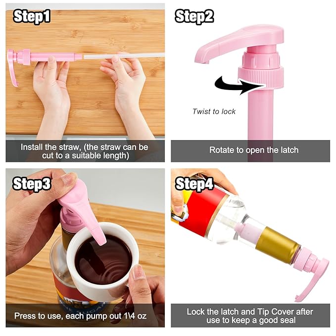Patelai 14 Pcs Coffee Syrup Pumps for 750 ml/25.4 Oz Bottles Square Reusable Coffee Stirrers Set Included 10 Pcs Pink Coffee Syrup Pump Dispenser and 4 Pcs Iced Teaspoon for Drinking Mixes Flavoring