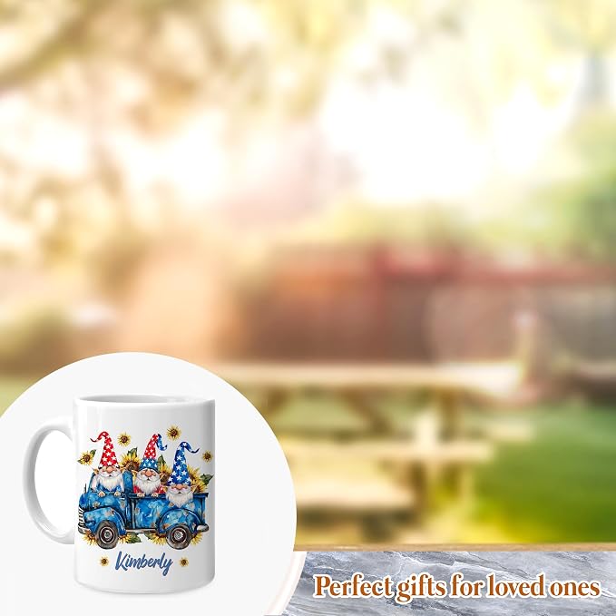 Hyturtle Personalized Gnome Sunflower Coffee Mug, 4th of July Mug | Gifts For Gnome Lovers - Patriotic Gnomes - Gnomies Gifts For Women - Custom Name 11oz White Ceramic Coffee Tea Cup - Image 4