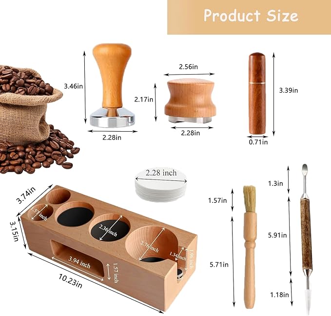 7Pcs Wooden Espresso Kit 51mm, Espresso Tamping Station, Coffee Distributor and Tamper Set, Wooden Coffee Bar Accessories with WDT Stirrer, Latte Pen, Paper Filters, Brush for Home Coffe House