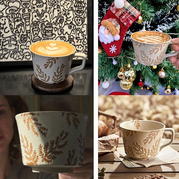 Small Ceramic Mug 1 pc, 11oz - Vintage Coffee Mug, Pottery Cups for Milk, Latte, Cappuccino, Tea - Handmade Porcelain Dishwasher, Microwave Safe Stoneware Gift for Women Men, Brown Leaf - Image 5