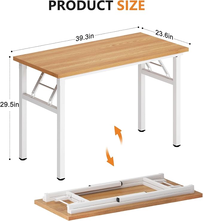 DlandHome 39 inches Folding Table Computer Desk Portable ActivityTable Conference Table Home Office Desk, Fully Assembled Teak and White DND-ND5-100TW | Foldable Writing Table for Small Spaces Bedroom, No Assembly Required, Wood Top Metal Frame, Collap... - Image 3