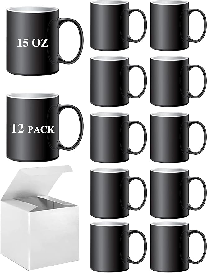 ABBSH Color Changing Mugs, Sublimation Mugs Black Color Changing Coffee Mugs Heat Sensitive Coffee Mugs Tazas Magicas Para Sublimacion 15 OZ With Box Set of 12 by ABBSH