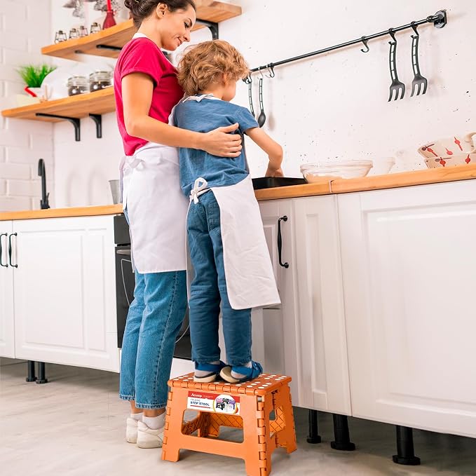 ACSTEP Folding Step Stool 9 Inch for Kids and Adults, 300 lbs, Orange | Lightweight Plastic Small Foldable Step Stool with Handle, Non-Slip, for Kitchen, Bathroom, Bedroom and Closet - Image 8