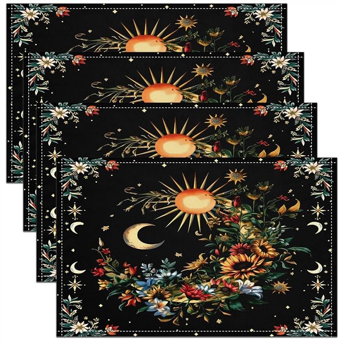 Feelyou Sun Moon Placemats Set of 4 18"x12" Boho Exotic Placemat for Kitchen Dining Table Decor Indoor Outdoor for Kids Teens Adults Bohemian Table Place Mats, Galaxy Astrology Space by Feelyou