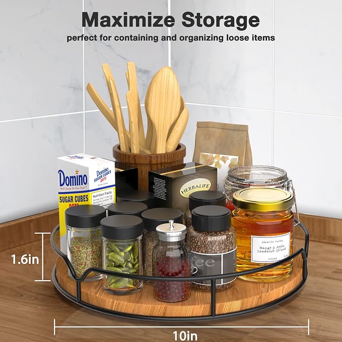 Lazy Susan Turntable Organizer with Anti-Slip Mat for Cabinet Pantry Kitchen Countertop Refrigerator Office, Pine Wood, 10", Carbonized Black - Image 4