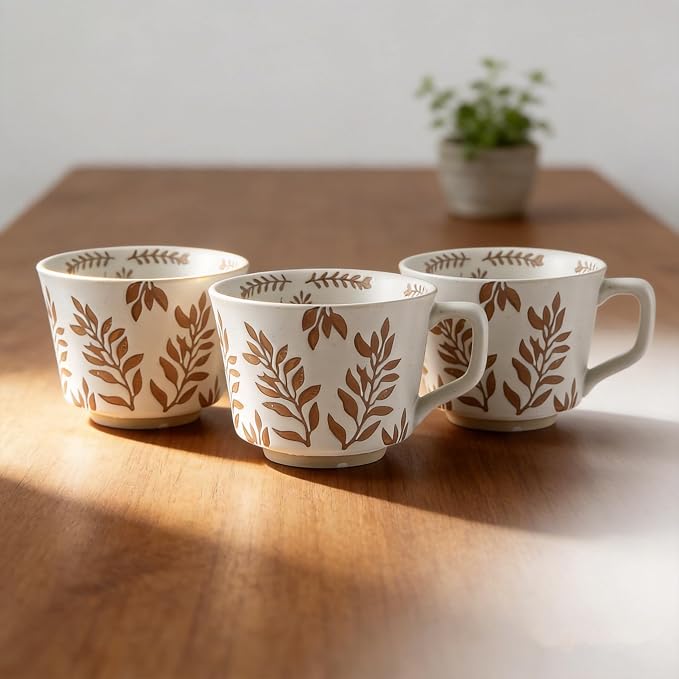 4 Pack 12oz Embossed Leaf Ceramic Coffee Mugs, Vintage Speckled Stoneware Tea Cups, Rustic Brown Spring Leaf Large Drinking Mugs, Microwave & Dishwasher Safe, Farmhouse Kitchen Decor, Gift Set - Image 6