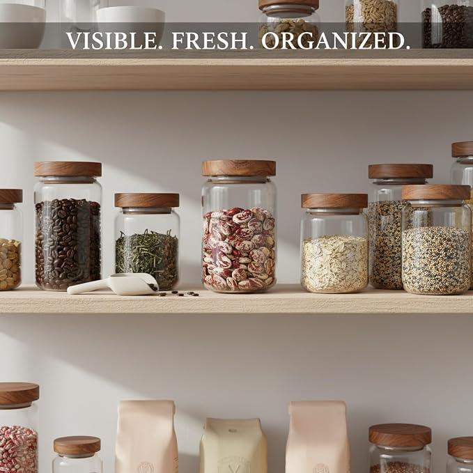 Clear Glass Storage Jars with Acacia Wood Lids for Pantry Organization - Dry Food Containers for Kitchen Countertops - Image 3