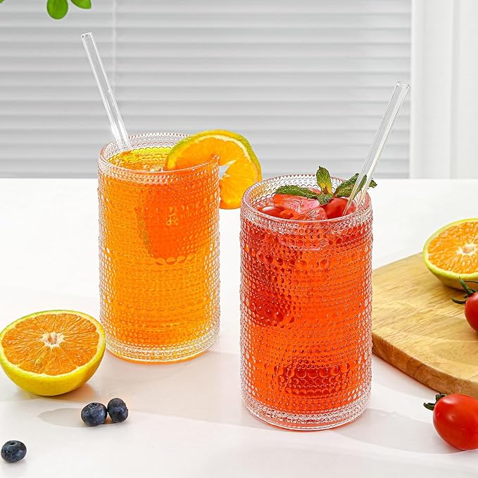 16oz Clear Hobnail Drinking Glasses with Straws Set of 12, Highball Glasses Cups, Kitchen Water Glasses Cup, for Cocktail, Juice, Whiskey, Milk and Various Mixed Drinks - Image 2