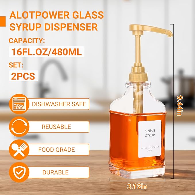 Alotpower 2-Pack 16oz Glass Coffee Syrup Dispenser Bottles, Empty Square Dispenser for Coffee Bar with 1/4oz Pump - Kit Includes 36 Labels & Marker