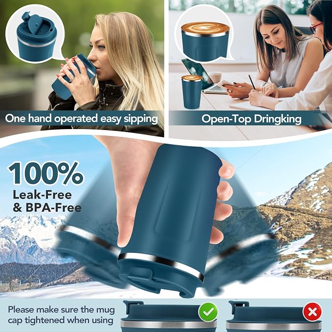 Volhoply 12 oz Double Wall Insulated Vacuum Travel Coffee Mug with Flip Lid Bulk 4 Pack,Reusable Stainless Steel Leak Proof Coffee Cups,Portable Cafe Thermal Tumbler for Hot & Cold Drinks(Bule,4 Set) - Image 6