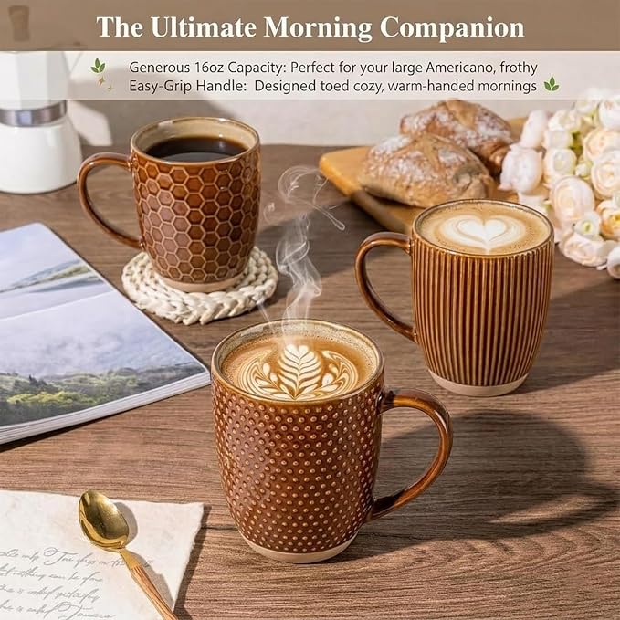 GBhome Large Coffee Mugs Set of 4, 16oz Handmade Embossed Coffee Mugs Set with Large Handle for Cappuccino/Latte/Tea/Hot Cocoa, Dishwasher & Microwave Safe, Caramel - Image 3