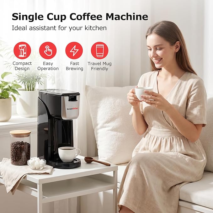 Bonsenkitchen Single Serve Coffee Maker, 6-14 oz Brew Sizes, Brewing | Travel Mugs Friendly, Compact Portable Coffee Machine for Small Spaces, Ideal for Kitchen - Image 3