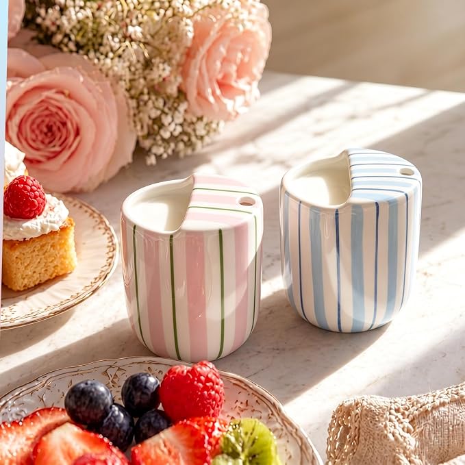 2 Pack Ceramic Mug with Sip Hole 10 oz Stripes Pattern Espresso Cup Coffee Mug Hand Painted Ceramic Cup Pink and Blue Heat Resistant Non Slip with Built in One Lid Handcraft Gift - Image 4