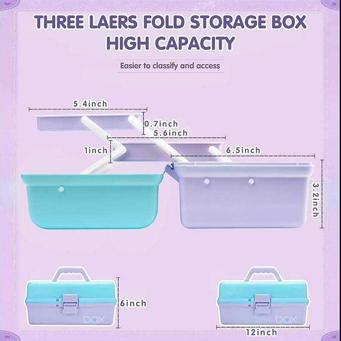 12in 3-Layer Plastic Craft Organizers and Storage, Portable Folding Tackle Box with Handle & Adjustable Dividers, Multipurpose Case for Sewing, Art Supplies, Medicine, Tools (Purple Blue)