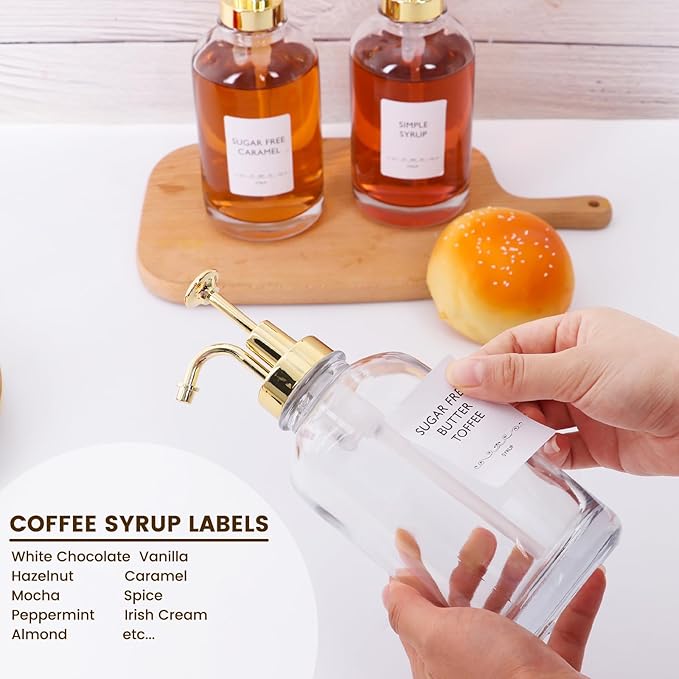 BIGIVACA Coffee Syrup Dispenser 16.9 oz 500 ml - 2 Pack Glass Bottles with Gold Pumps and Labels for Cafe or Home Bar, Kitchen