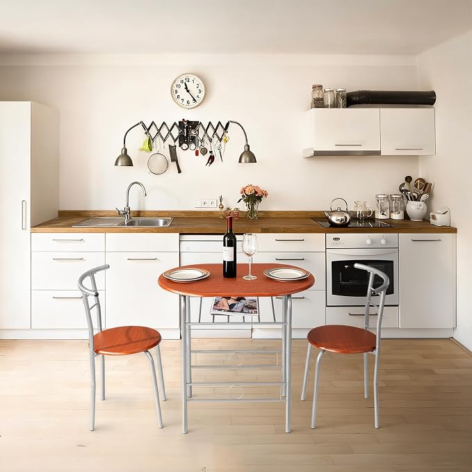 VINGLI 3 Piece Dining Set, Small Kitchen Table Set for 2, Breakfast Table Set, Kitchen Wooden Table with 2 Chairs for Small Space/Dining Room/Apartment, Metal Frame, Wine Rack, Russet - Image 3