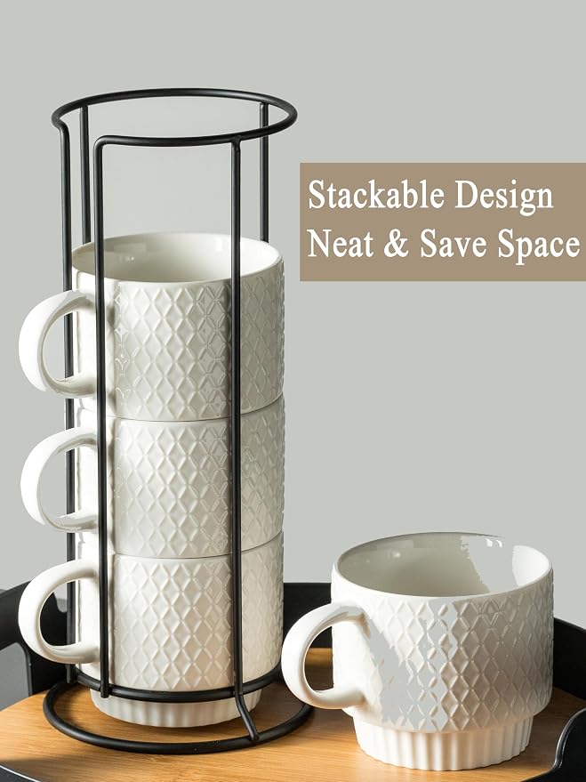 Gomakren Stackable 13oz Coffee Mugs Set of 4 with Stand & Spoons, White | Large Capacity for Cappuccino Coffee Milk Tea Drinks | Embossed Stoneware Mugs, Black Metal Rack, Microwave/Dishwasher Safe - Image 3