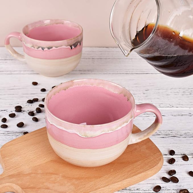 Bosmarlin Large Ceramic Coffee Mug Set of 2, Stoneware Jumbo Latte Mugs Tea for Office and Home, 16 Oz, Dishwasher and Microwave Safe(Pink, 2) - Image 5