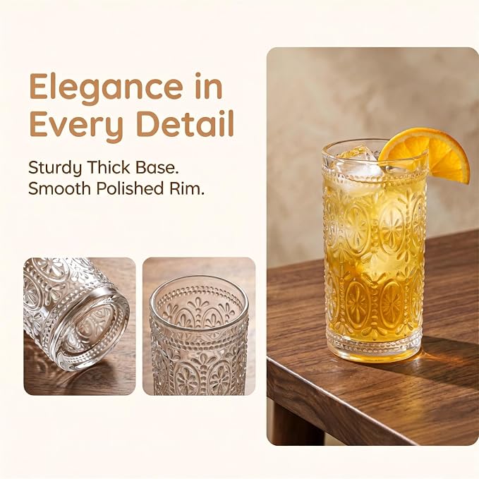 Bekith 6 Pack Romantic Drinking Glasses, 12 oz Highball Glasses, Thick Water Glasses, Tall Glass Cups for Beverages, Beer, Cocktail, Vintage Glassware Set for Dinner Parties, Bars, Restaurants - Image 5