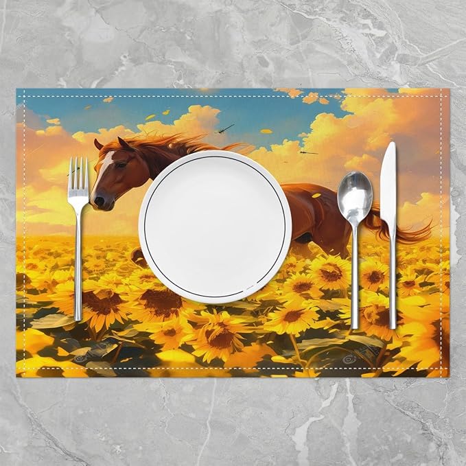 Feelyou Horse Placemats Set of 4 18"x12" Galloping Horse Table Place Mats Decor Sunflower Placemat for Kitchen Dining Table Women Men Cute Animal Decor Indoor Outdoor Decor Table Mats - Image 2