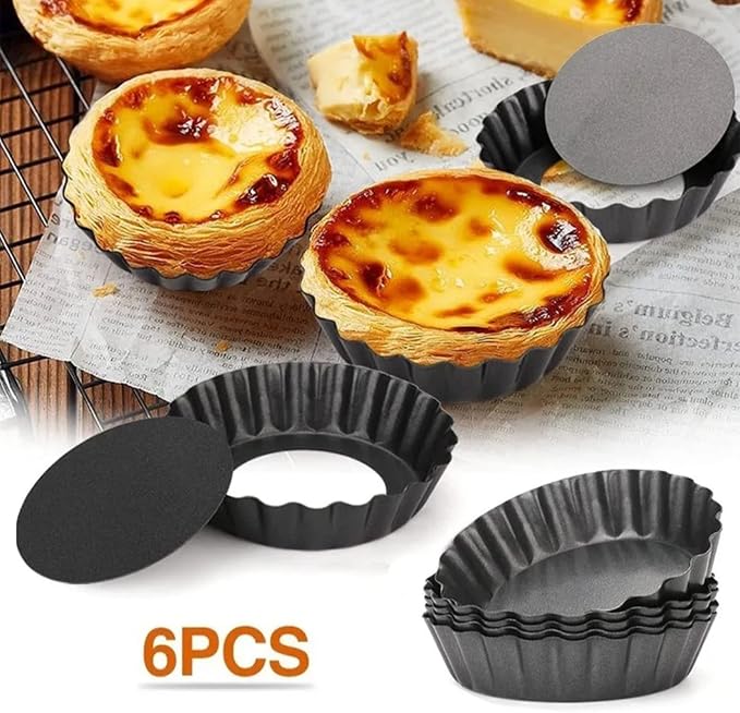 6PCS Removable Bottom Tart Pan Set, Carbon Steel, Non Stick Coating, 8cm Dia x 2cm H, for Quiche, Pie, Pizza Baking - Image 4